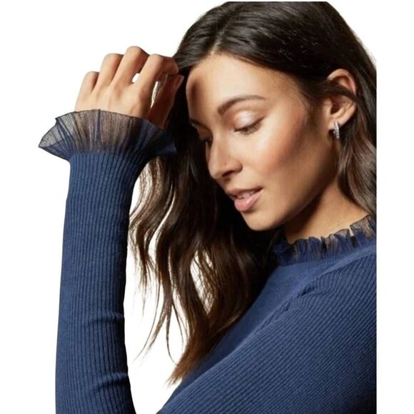 Ted baker Duana Sz 2 US S Midnight blue frill Neck detail light weight sweater - Picture 2 of 8
